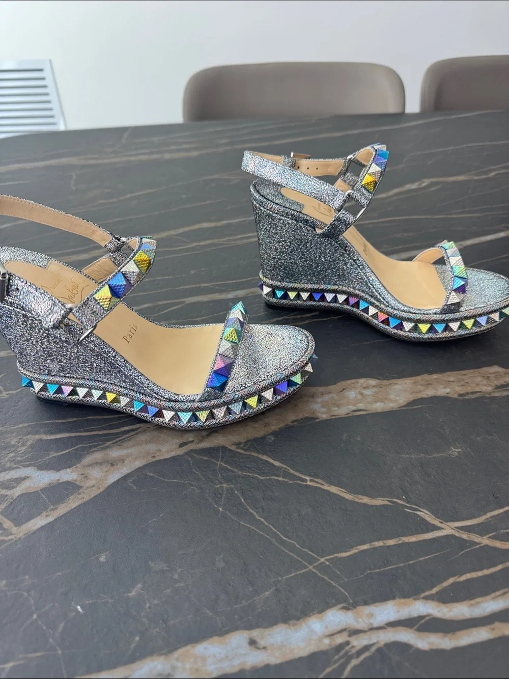 Christian Louboutin Iridescent Silver Wedge Sandals with Multicolor Studs